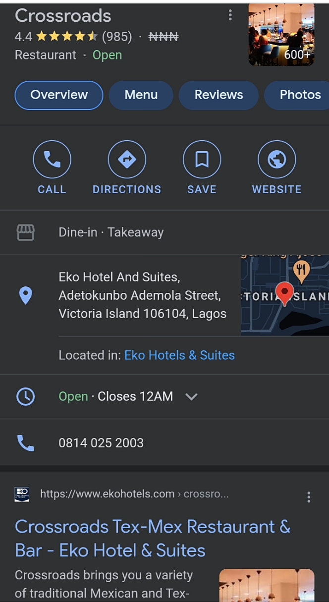Crossroads Eko Hotels Google my Business listing profile