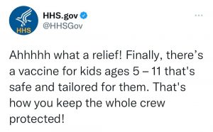 Tweet by the US Department of Health and Human Services announcing specially tailored vaccines for kids 5-11.