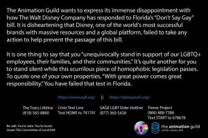 Animation guild statement reprimanding Disney on their stance regarding the "Don't say gay" bill.
