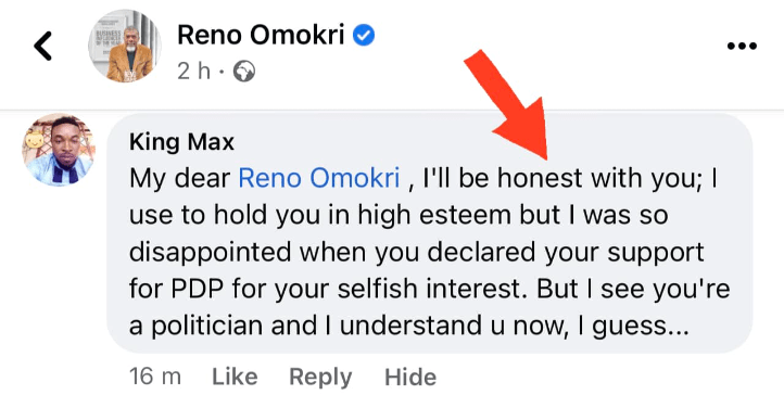 Reno Omokri comment