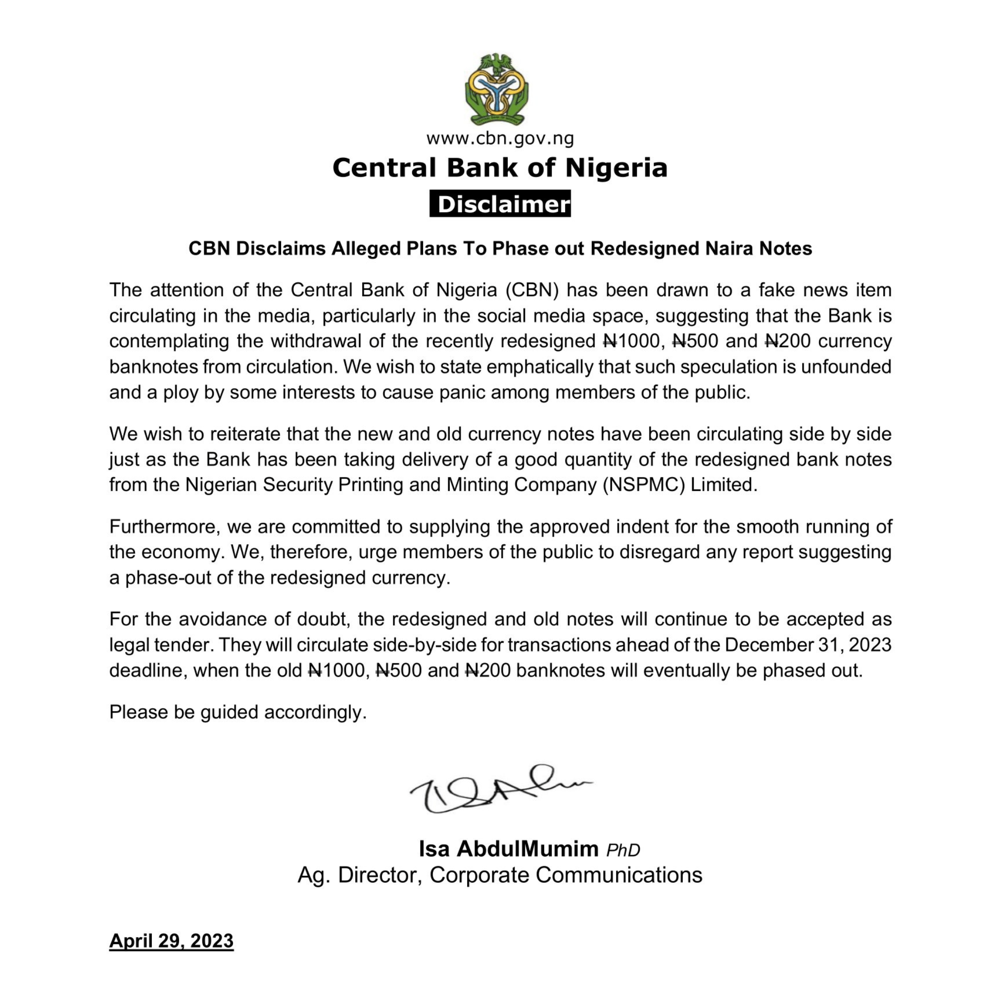 CBN withdraws new naira notes