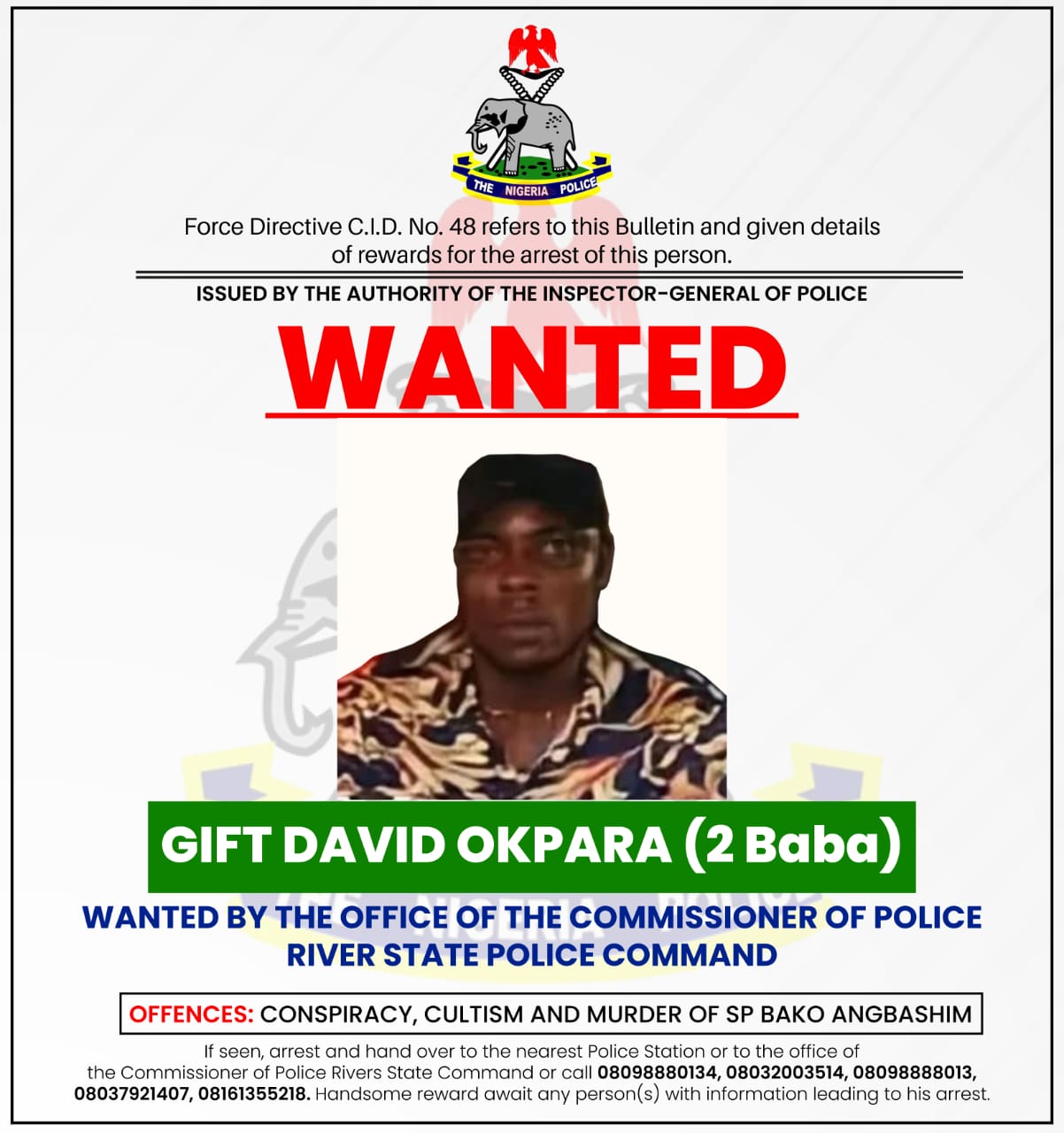 2 Baba declared wanted for killing Rivers DPO