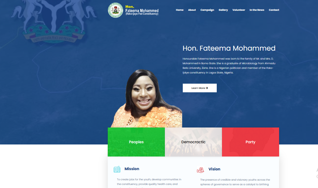 A screenshot of Fateema's website still carrying the PDP colour